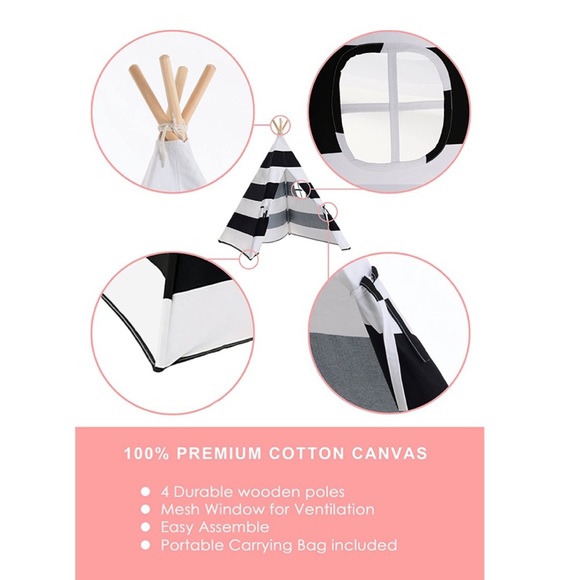 Teepee Tent 5 ft- Teepee- Black & White Stripe-Tent with Canvas Carry Case Kids - Picture 6 of 7